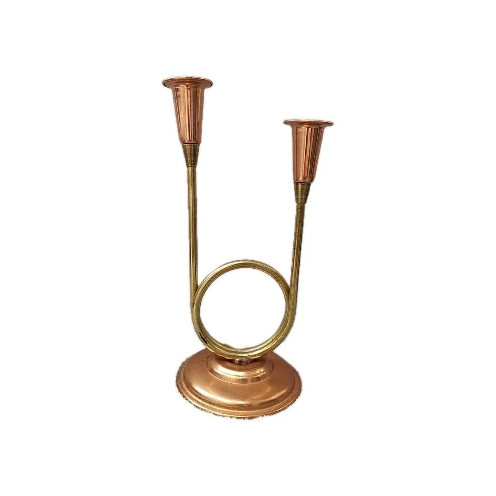 Vtg COPPERCRAFT Guild French Horn Copper/Brass Double‎ Candlestick Holder